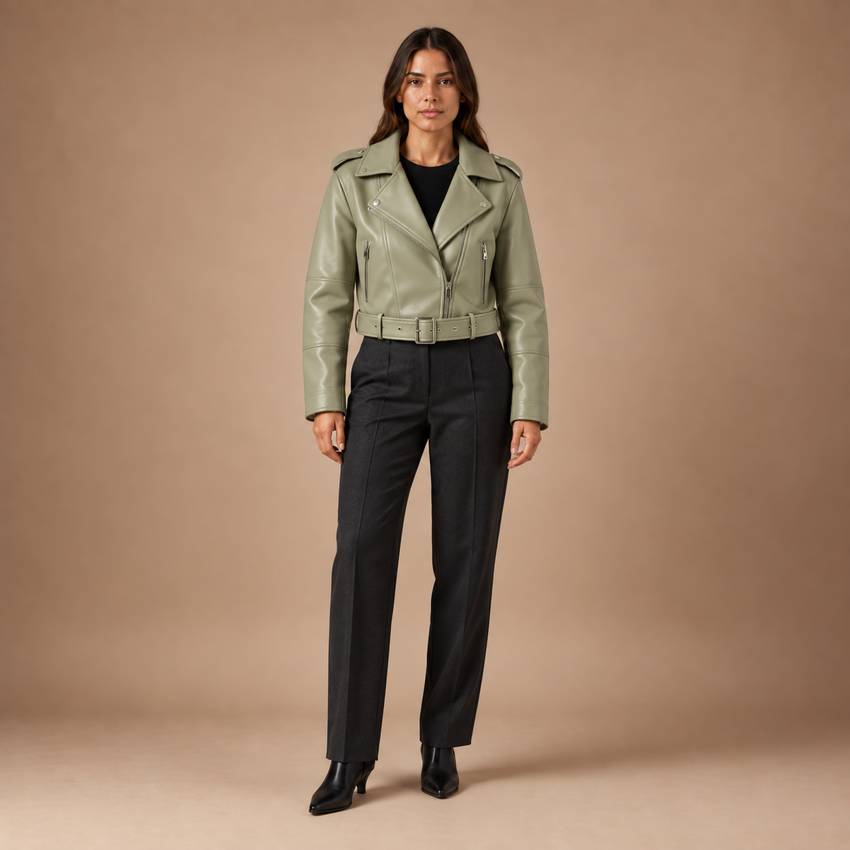 Cropped bikerjack dames in lederlook met ceintuur