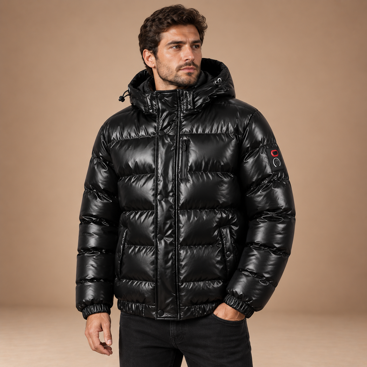 Glanzende winterjas puffer  heren met afneembare capuchon