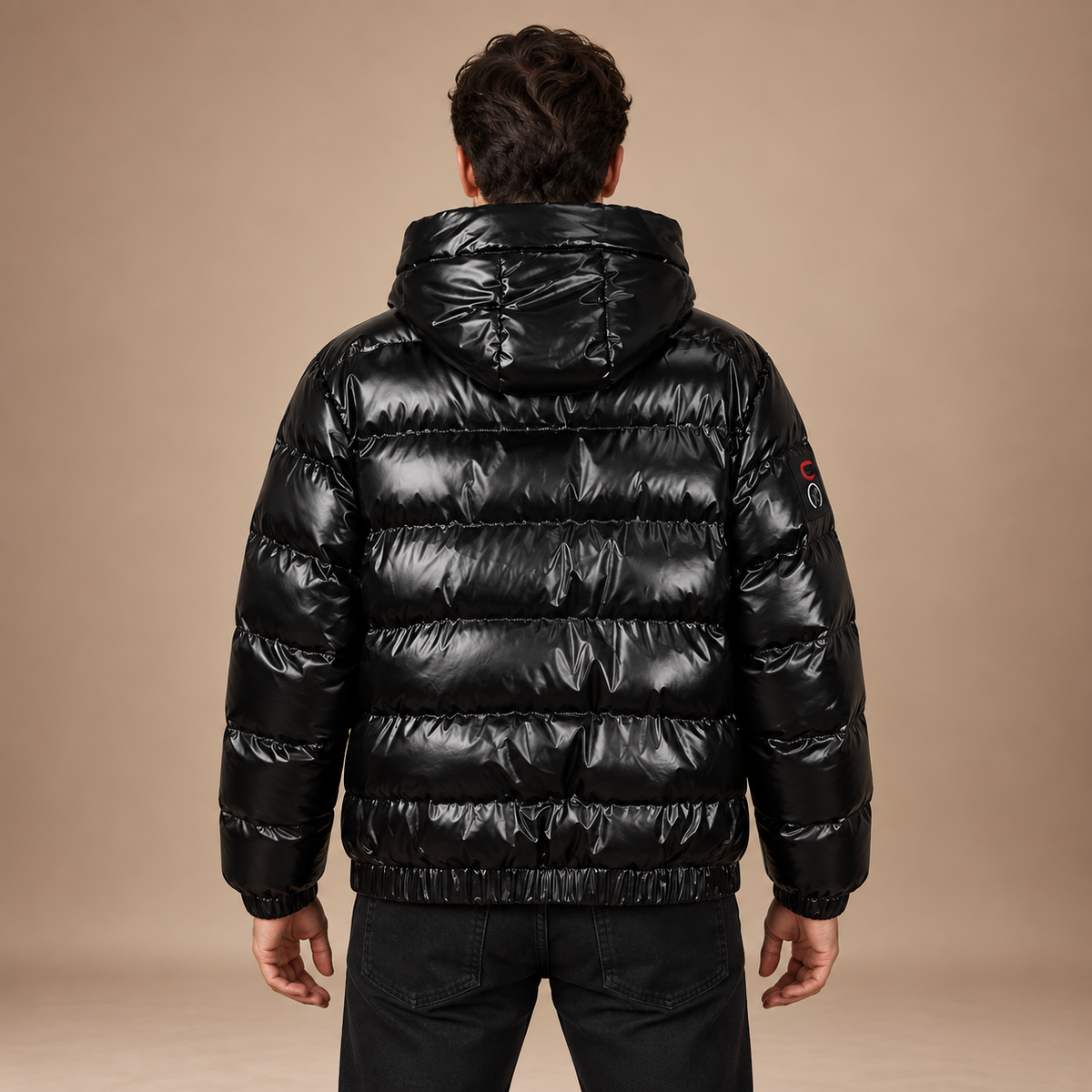 Glanzende winterjas puffer  heren met afneembare capuchon