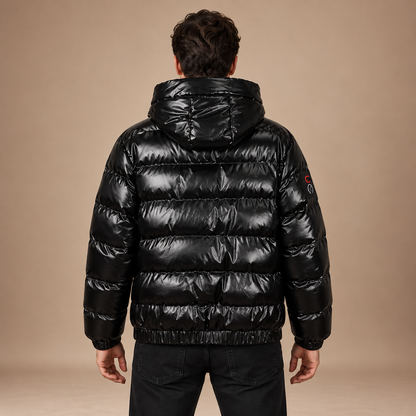 Glanzende winterjas puffer  heren met afneembare capuchon