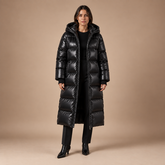Lange puffer winterjas dames met capuchon en glanzende afwerking