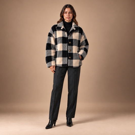 Teddy jas dames geruit met knopen en oversized pasvorm
