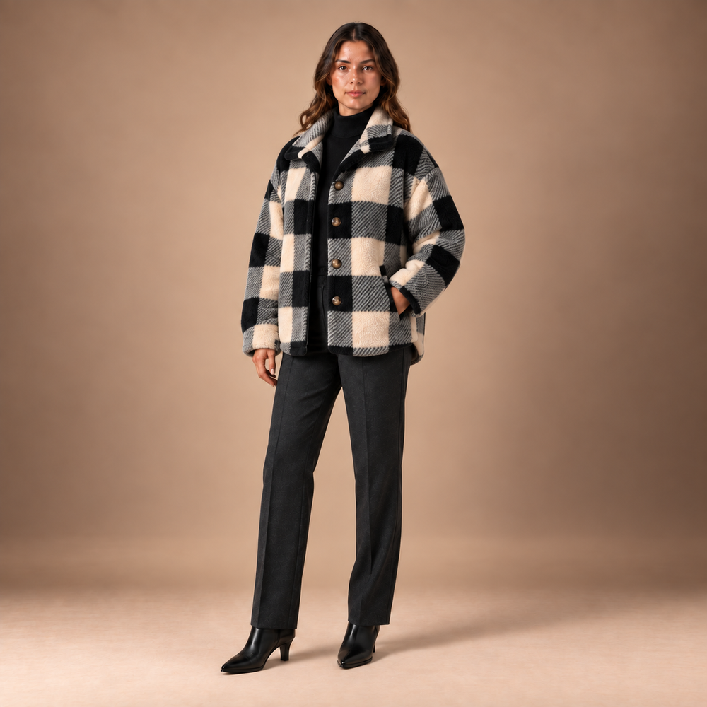 Teddy jas dames geruit met knopen en oversized pasvorm