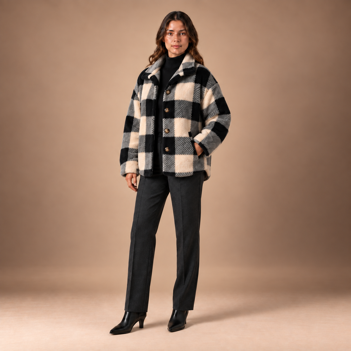 Teddy jas dames geruit met knopen en oversized pasvorm