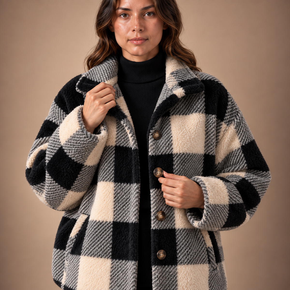 Teddy jas dames geruit met knopen en oversized pasvorm