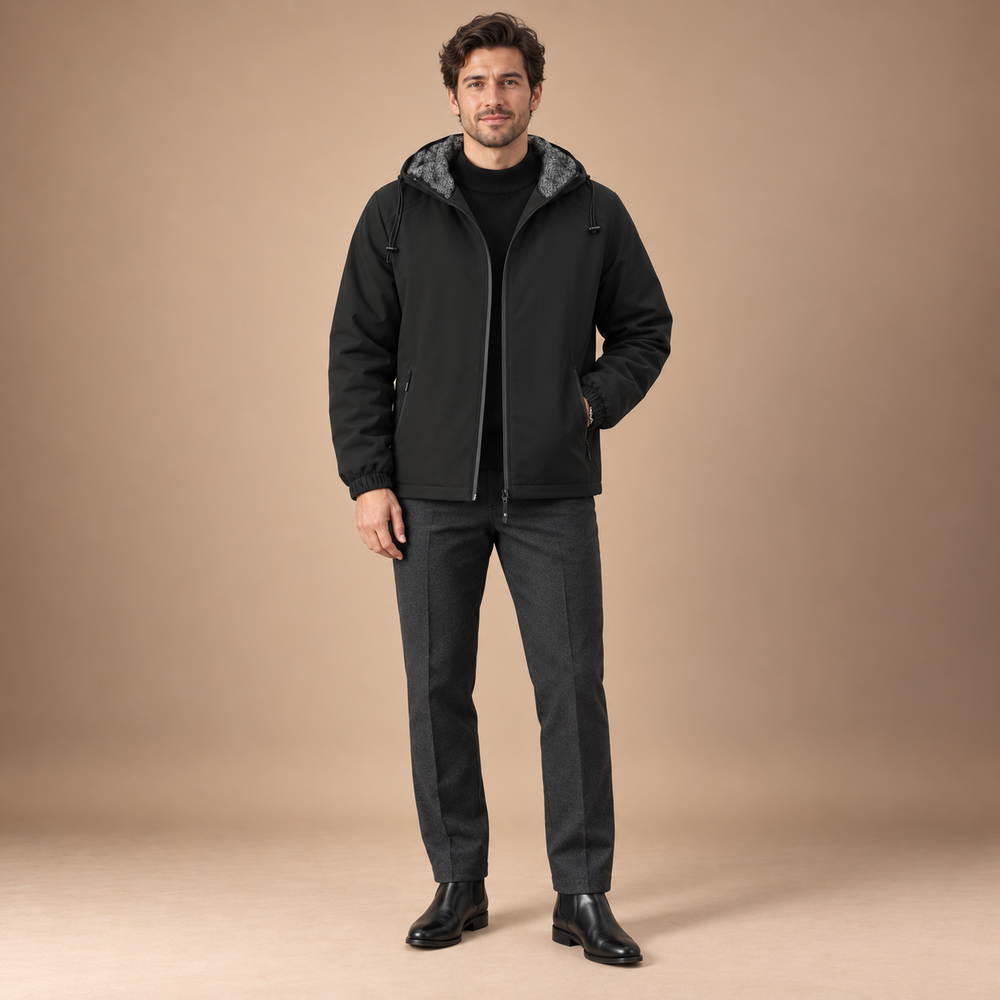 Winterjas heren met capuchon, warme teddyvoering en ritssluiting