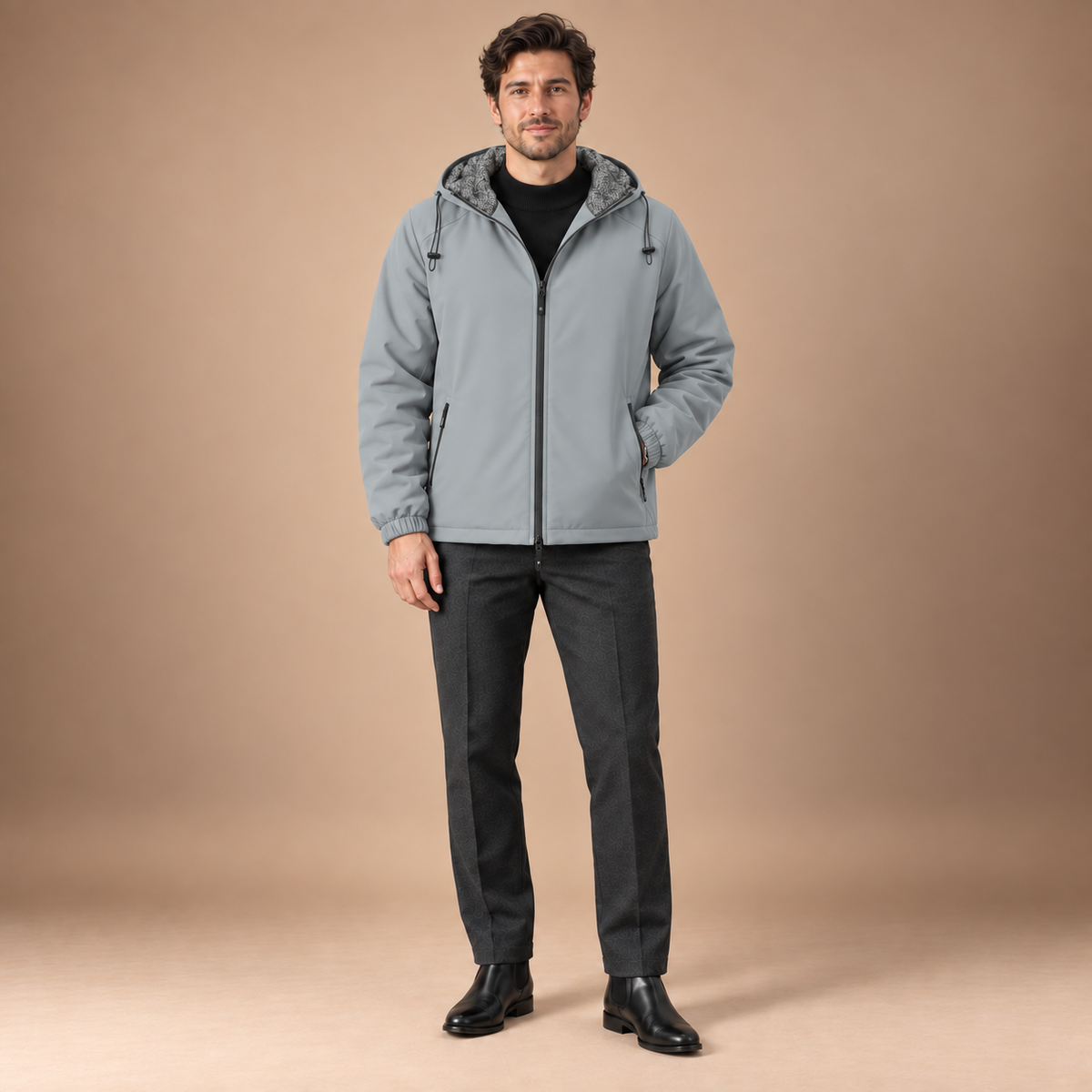 Winterjas heren met capuchon, warme teddyvoering en ritssluiting