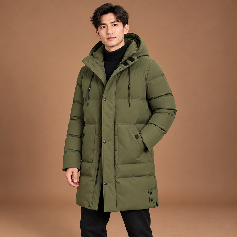 Lange winterjas heren met capuchon en ritssluiting