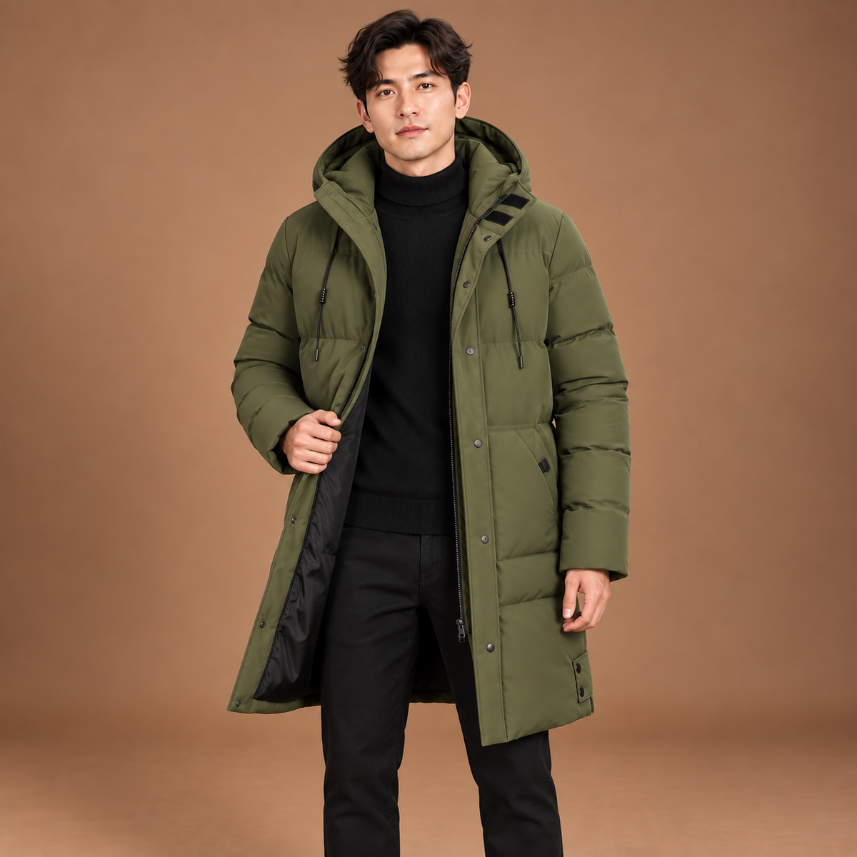 Lange winterjas heren met capuchon en ritssluiting
