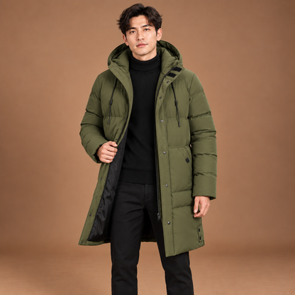 Lange winterjas heren met capuchon en ritssluiting