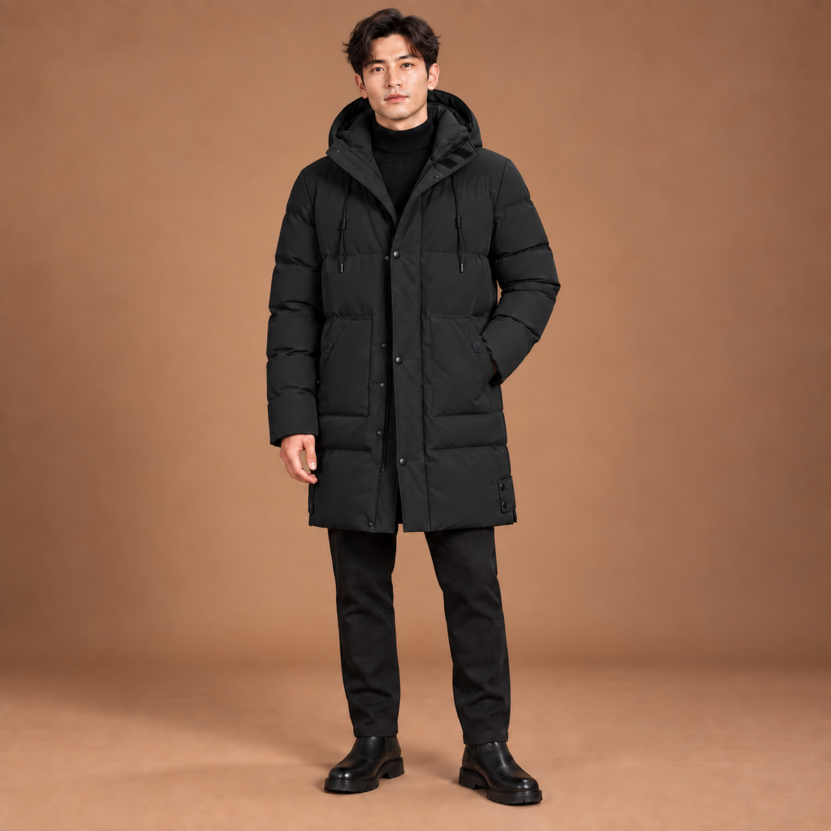 Lange winterjas heren met capuchon en ritssluiting