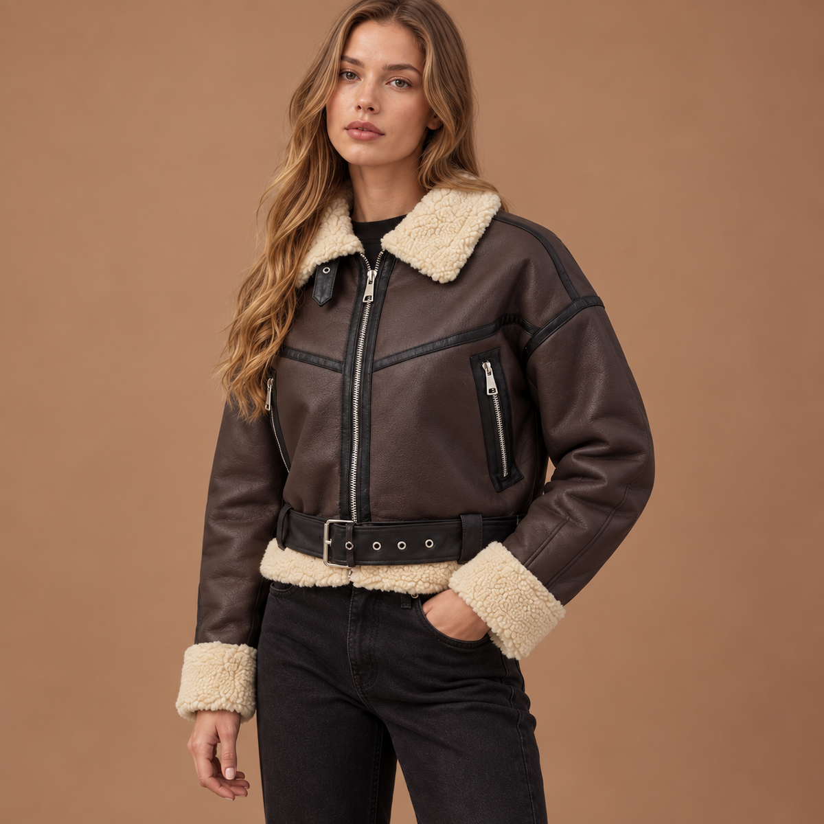 Tussenjas Aviator jas dames in lederlook met teddy details
