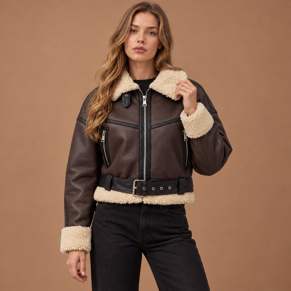 Tussenjas Aviator jas dames in lederlook met teddy details