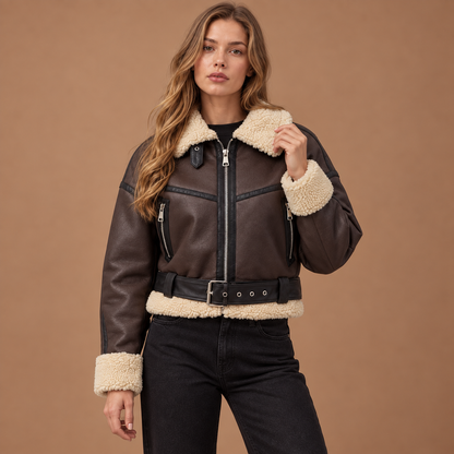 Tussenjas Aviator jas dames in lederlook met teddy details