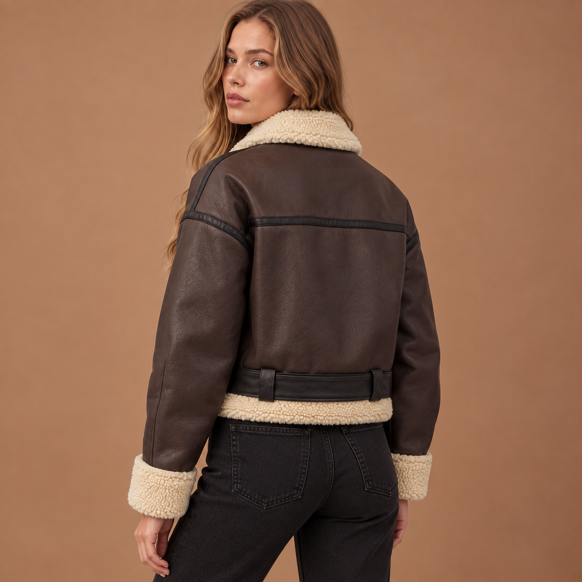 Tussenjas Aviator jas dames in lederlook met teddy details