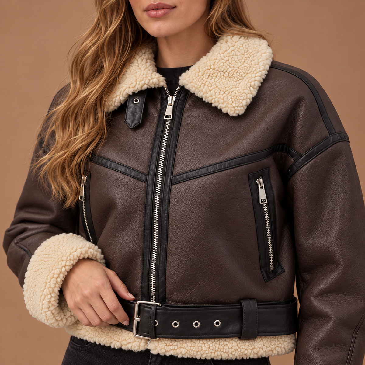 Tussenjas Aviator jas dames in lederlook met teddy details