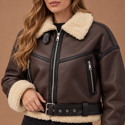 Tussenjas Aviator jas dames in lederlook met teddy details