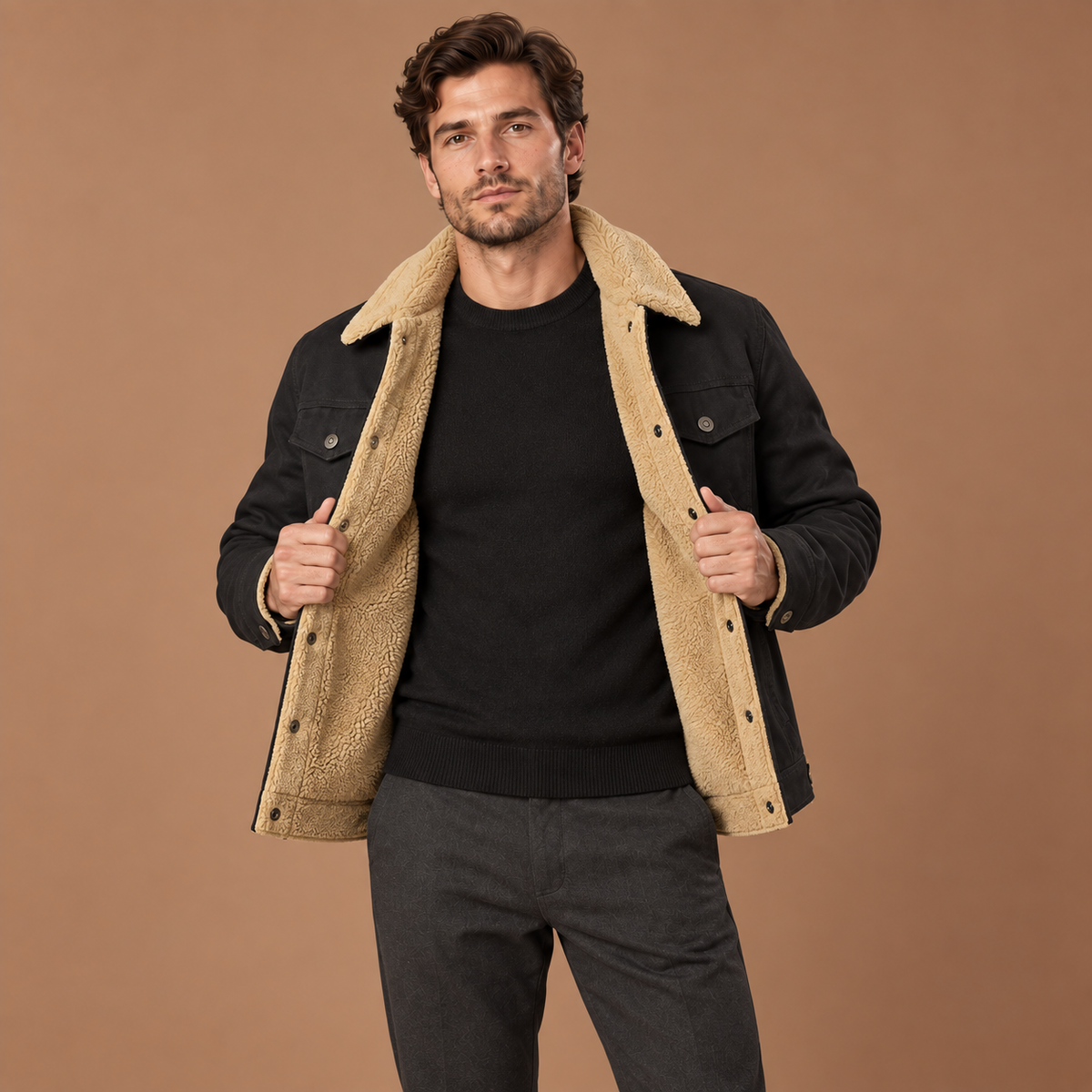 Korte winterjas heren met fleecevoering en teddy kraag