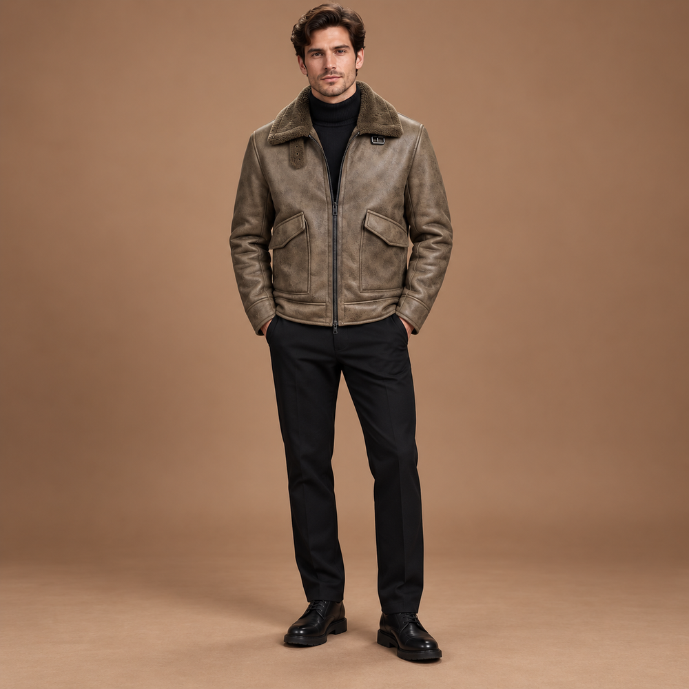 Lederlook jas heren met fleecevoering en teddy kraag