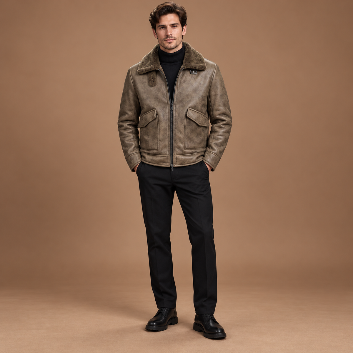 Lederlook jas heren met fleecevoering en teddy kraag