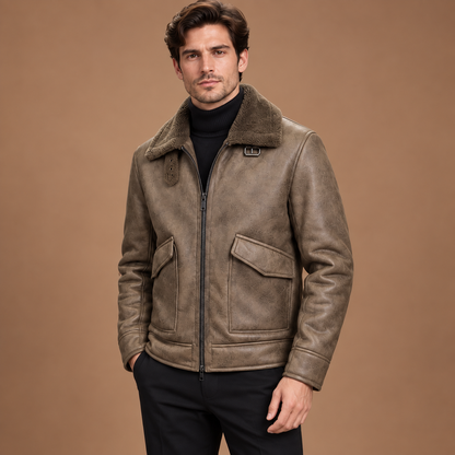 Lederlook jas heren met fleecevoering en teddy kraag