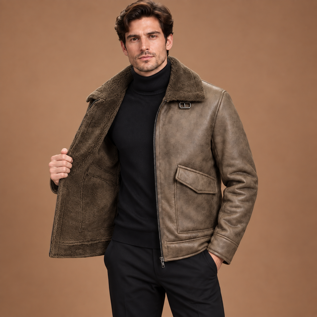 Lederlook jas heren met fleecevoering en teddy kraag