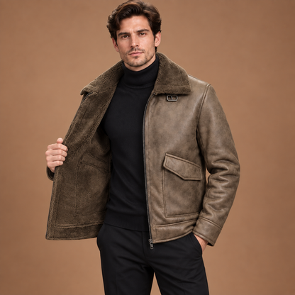 Lederlook jas heren met fleecevoering en teddy kraag