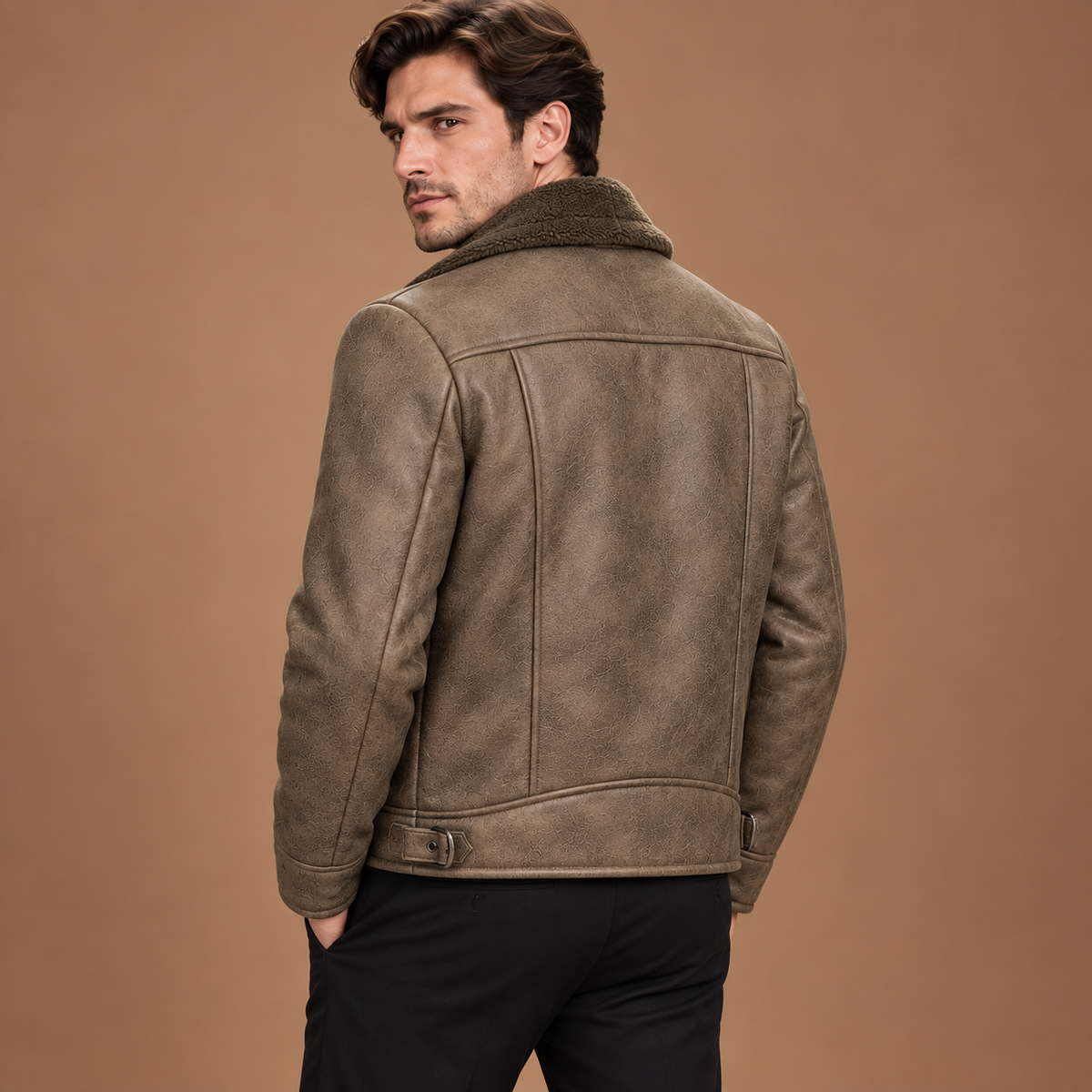Lederlook jas heren met fleecevoering en teddy kraag