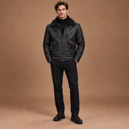 Lederlook jas heren met fleecevoering en teddy kraag