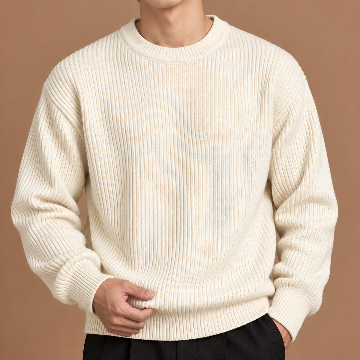 Trui heren met ronde hals en verticale ribstructuur