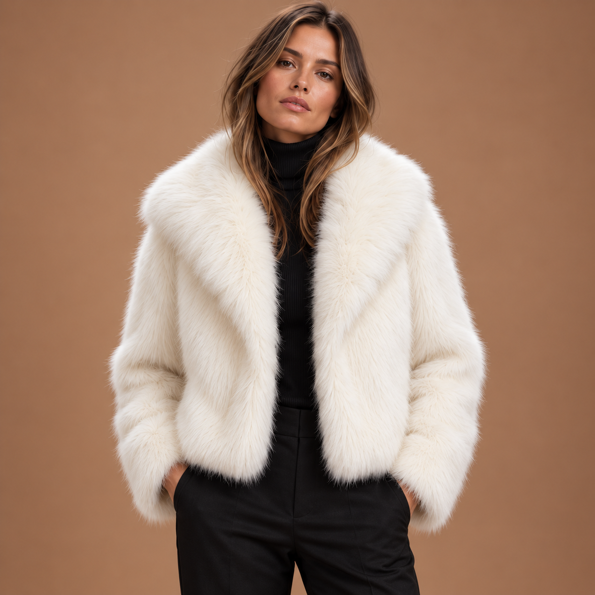 Faux fur jas dames met brede kraag