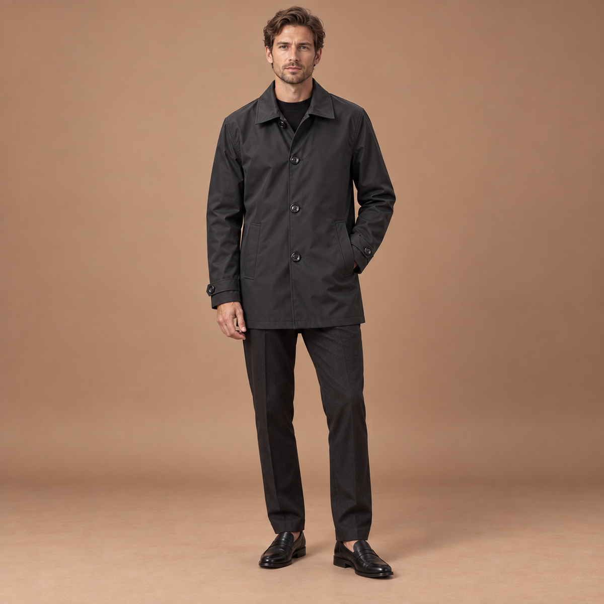 Trenchcoat heren kort model met knoopsluiting