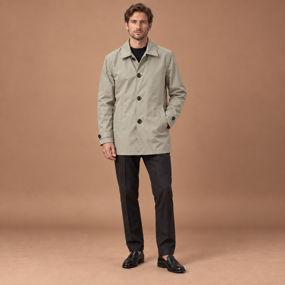 Trenchcoat heren kort model met knoopsluiting