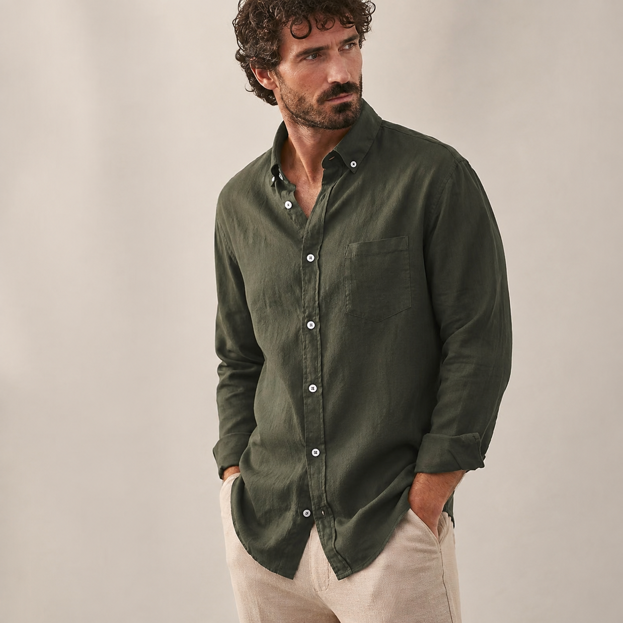Overhemd Heren Linnen – Casual Shirt met Lange Mouwen en Borstzak – productafbeelding