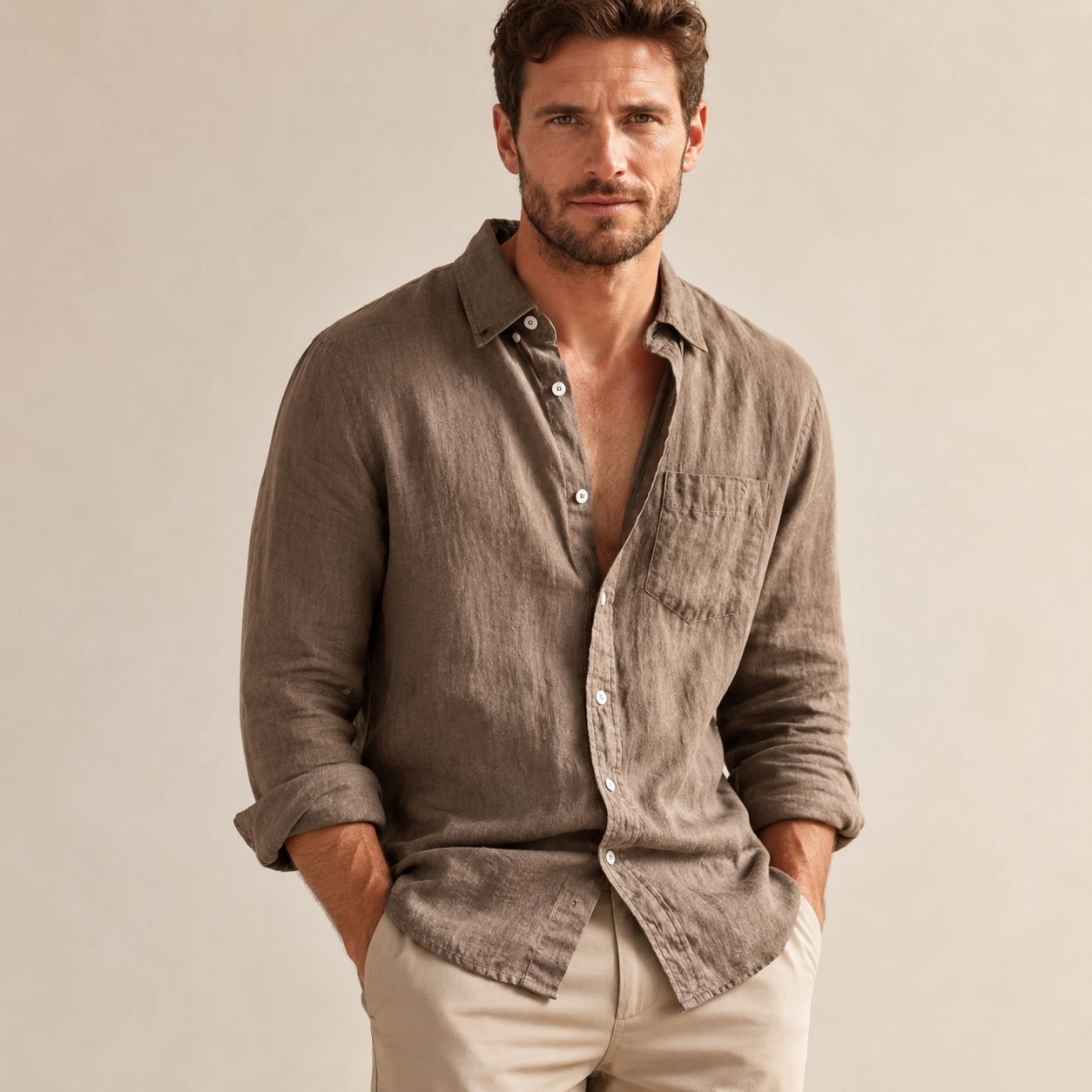 Overhemd Heren Linnen – Casual Shirt met Lange Mouwen en Borstzak – productaanzicht 2
