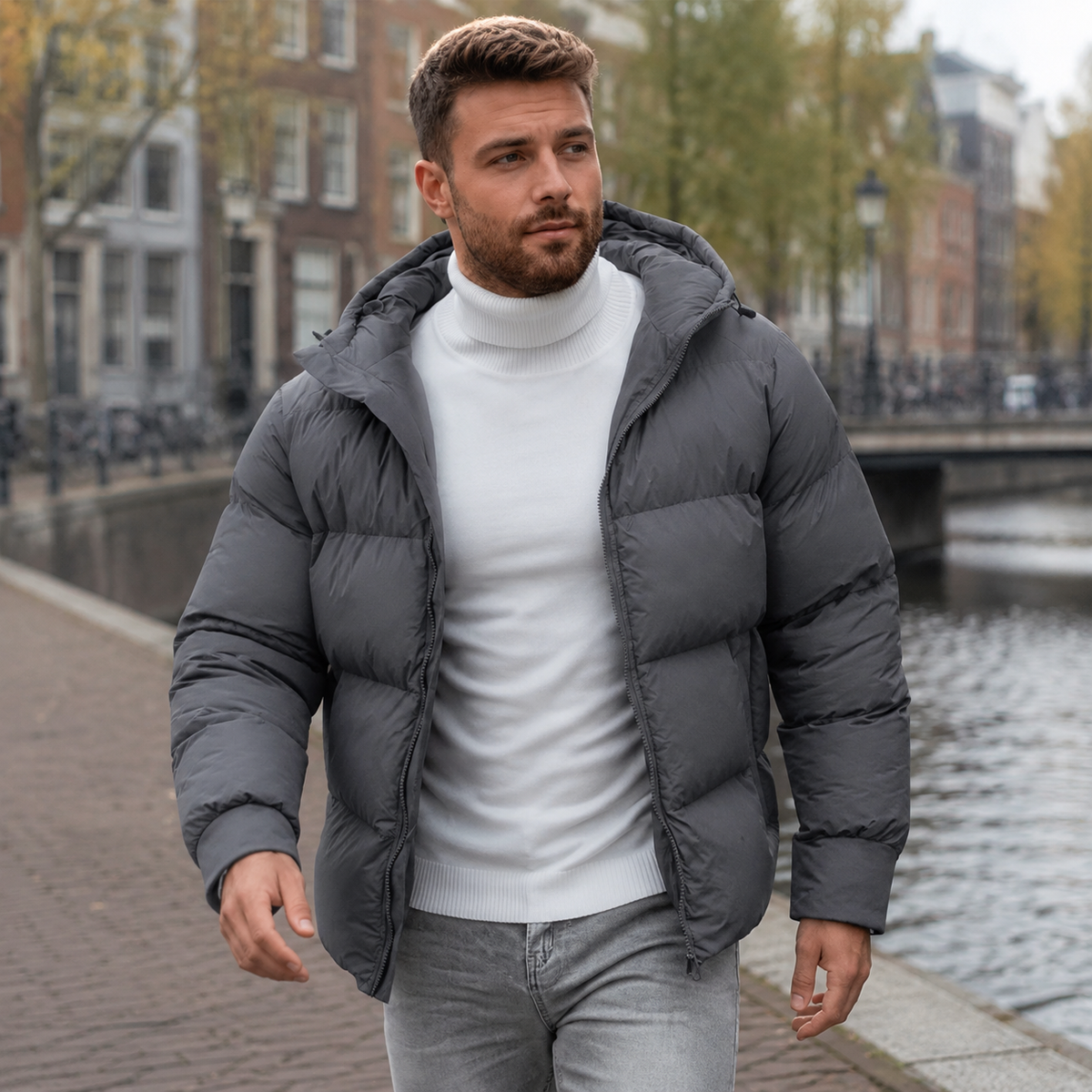 Puffer jas heren met capuchon en ritssluiting
