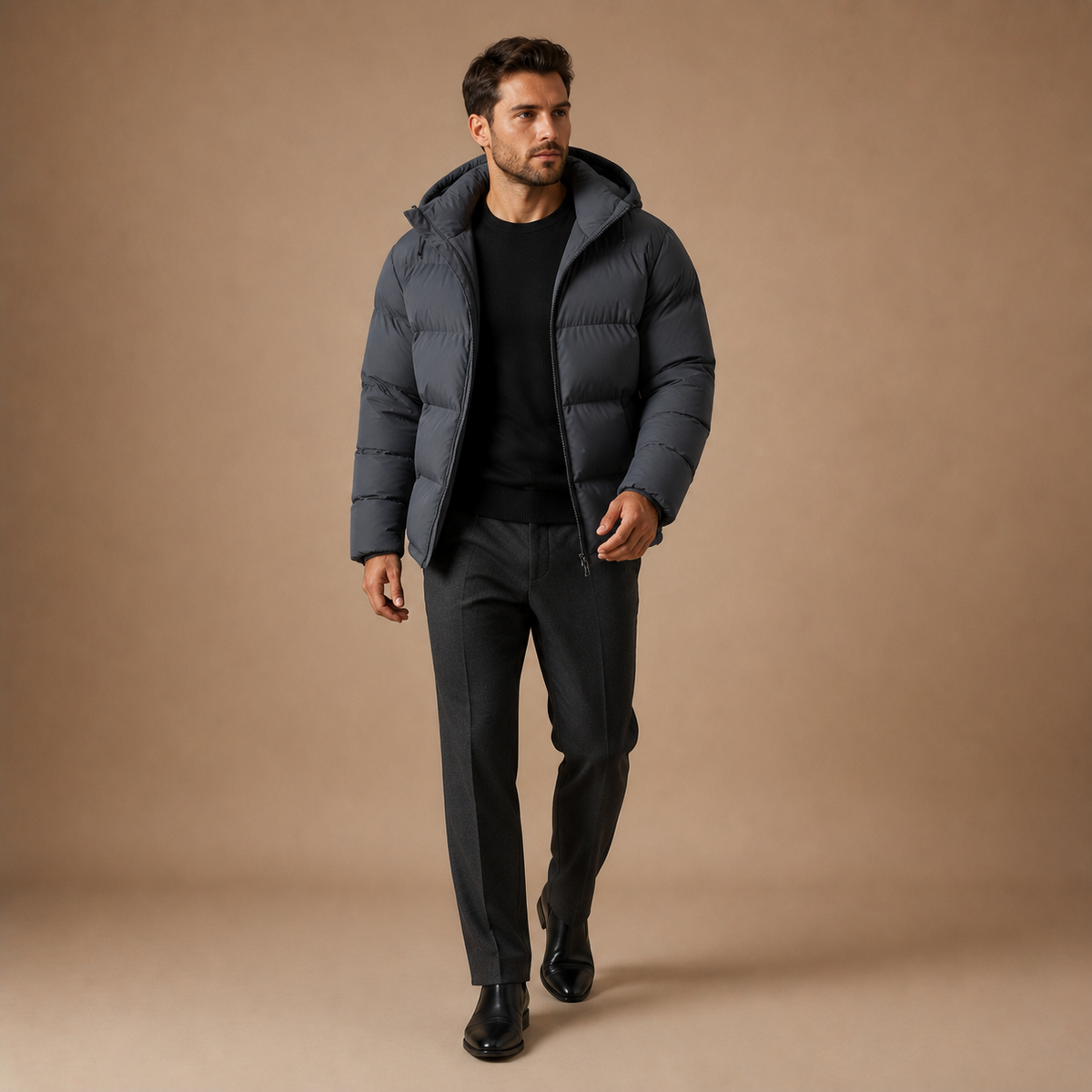 Puffer jas heren met capuchon en ritssluiting