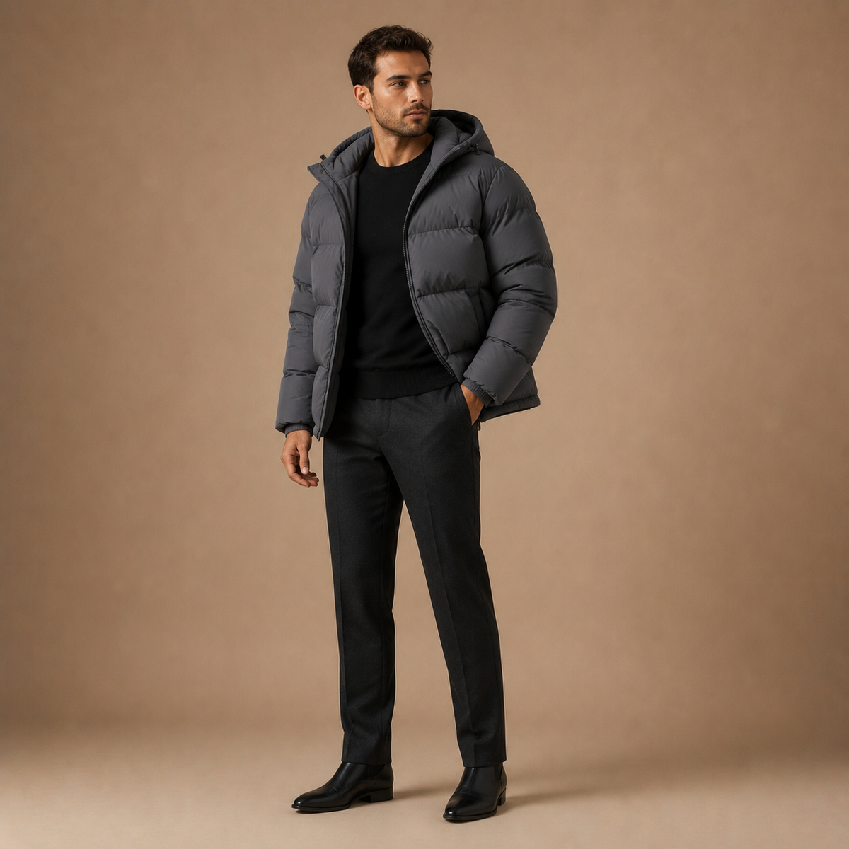 Puffer jas heren met capuchon en ritssluiting