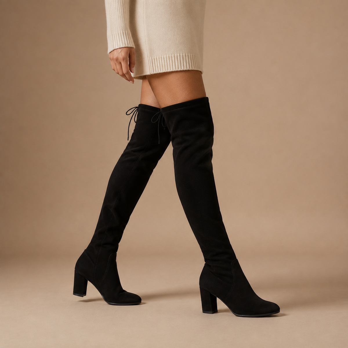 Overknee laarzen dames met blokhak en strikdetail