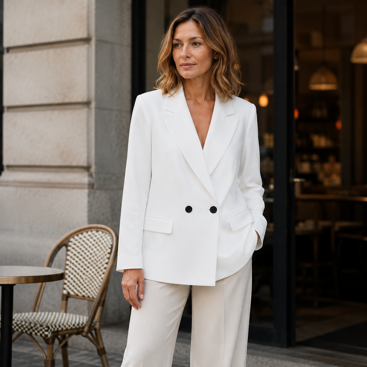 Blazer Dames Wit - Double Breasted Colbert met Revers en Knopen