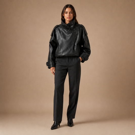 Oversized bomberjack dames in lederlook met hoge kraag