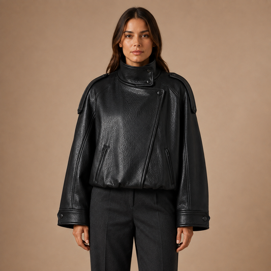 Oversized bomberjack dames in lederlook met hoge kraag