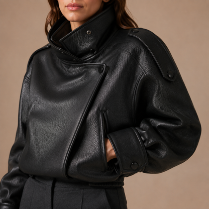 Oversized bomberjack dames in lederlook met hoge kraag