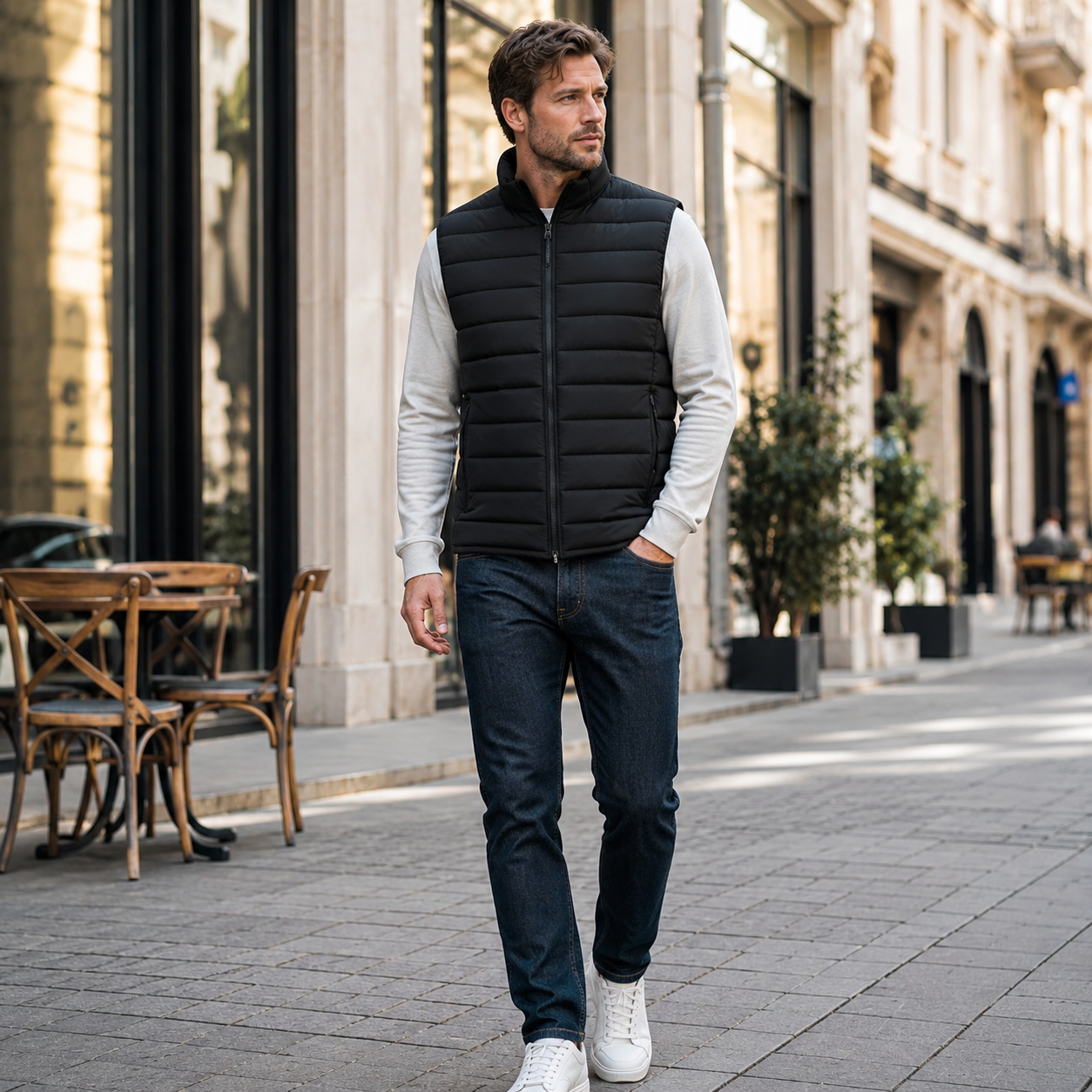 Heren Bodywarmer Gewatteerd - Gilet met Ritszakken en Opstaande Kraag
