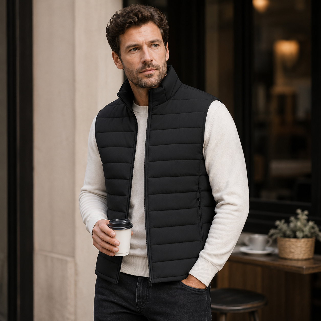Heren Bodywarmer Gewatteerd - Gilet met Ritszakken en Opstaande Kraag