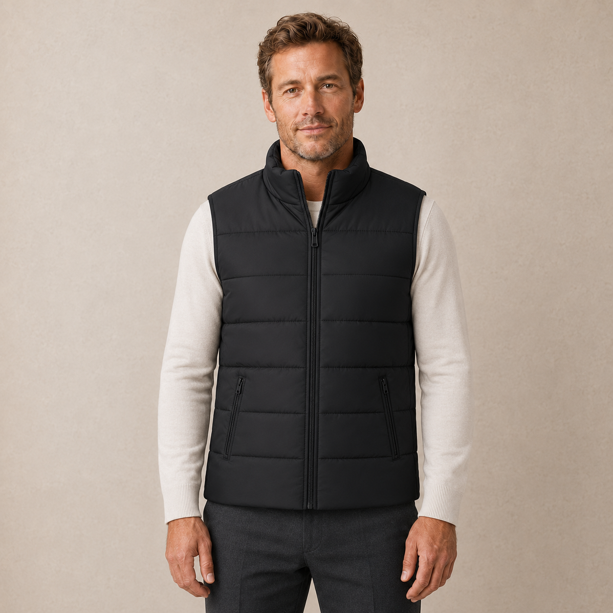 Heren Bodywarmer Gewatteerd - Mouwloos Jack met Ritszakken en Opstaande Kraag