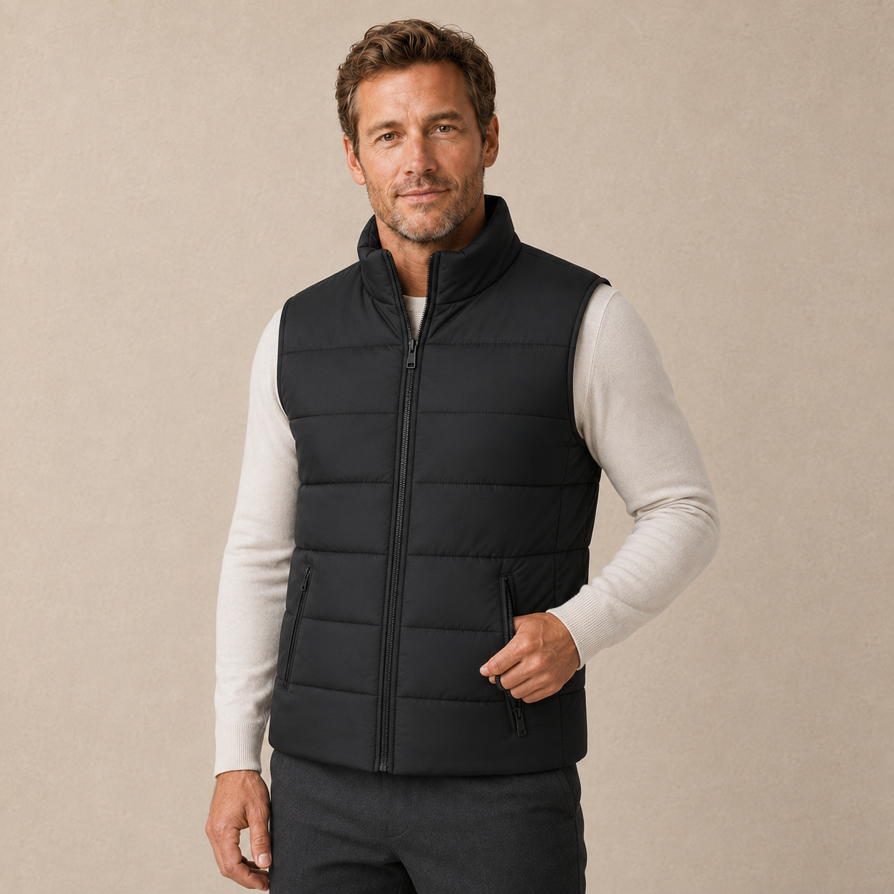 Heren Bodywarmer Gewatteerd - Mouwloos Jack met Ritszakken en Opstaande Kraag