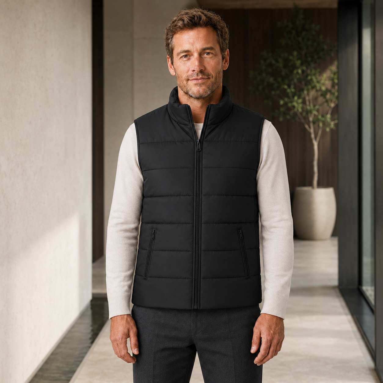Heren Bodywarmer Gewatteerd - Mouwloos Jack met Ritszakken en Opstaande Kraag