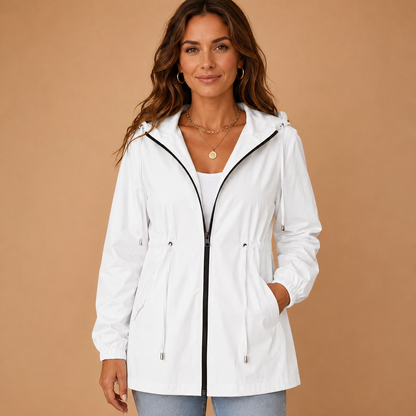 Regenjas Dames Lang – Waterafstotende Parka met Capuchon en Taillekoord – productaanzicht 6