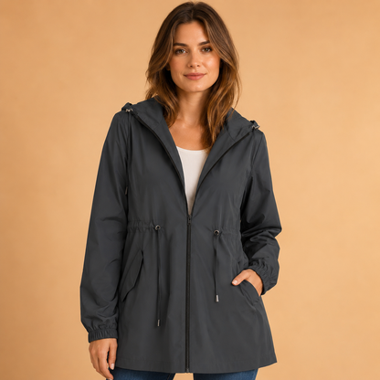 Regenjas Dames Lang – Waterafstotende Parka met Capuchon en Taillekoord – productaanzicht 8